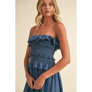 Ruffled Strapless Denim Midi Dress with Pockets