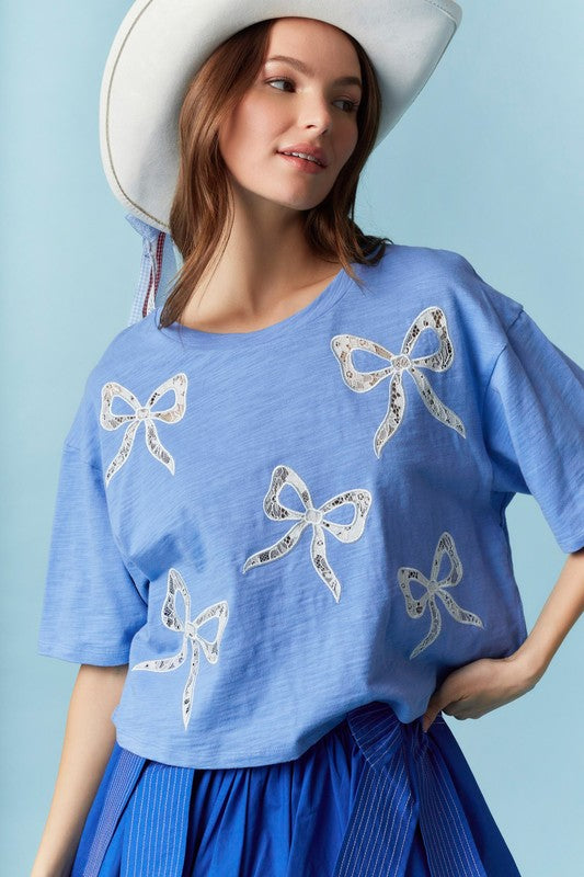 Lace Bow Detail Blue Tee