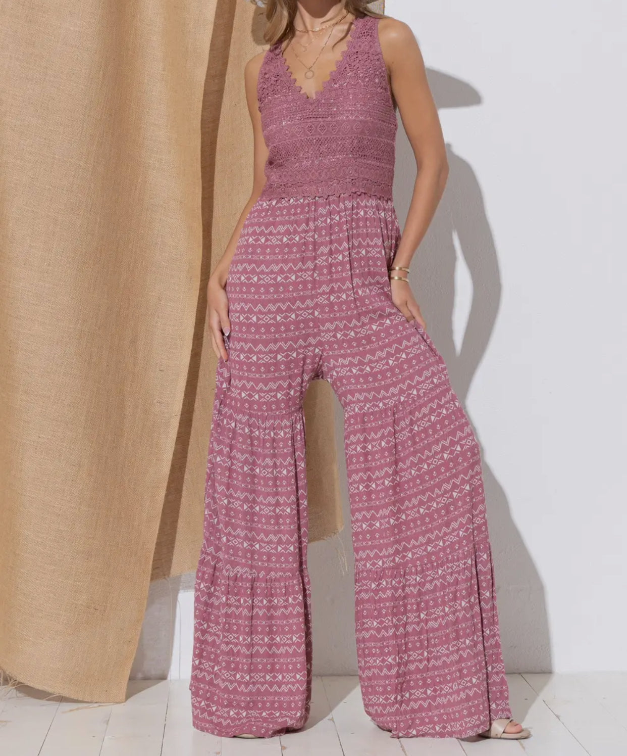 Mauve Crochet Wide Leg Jumpsuit