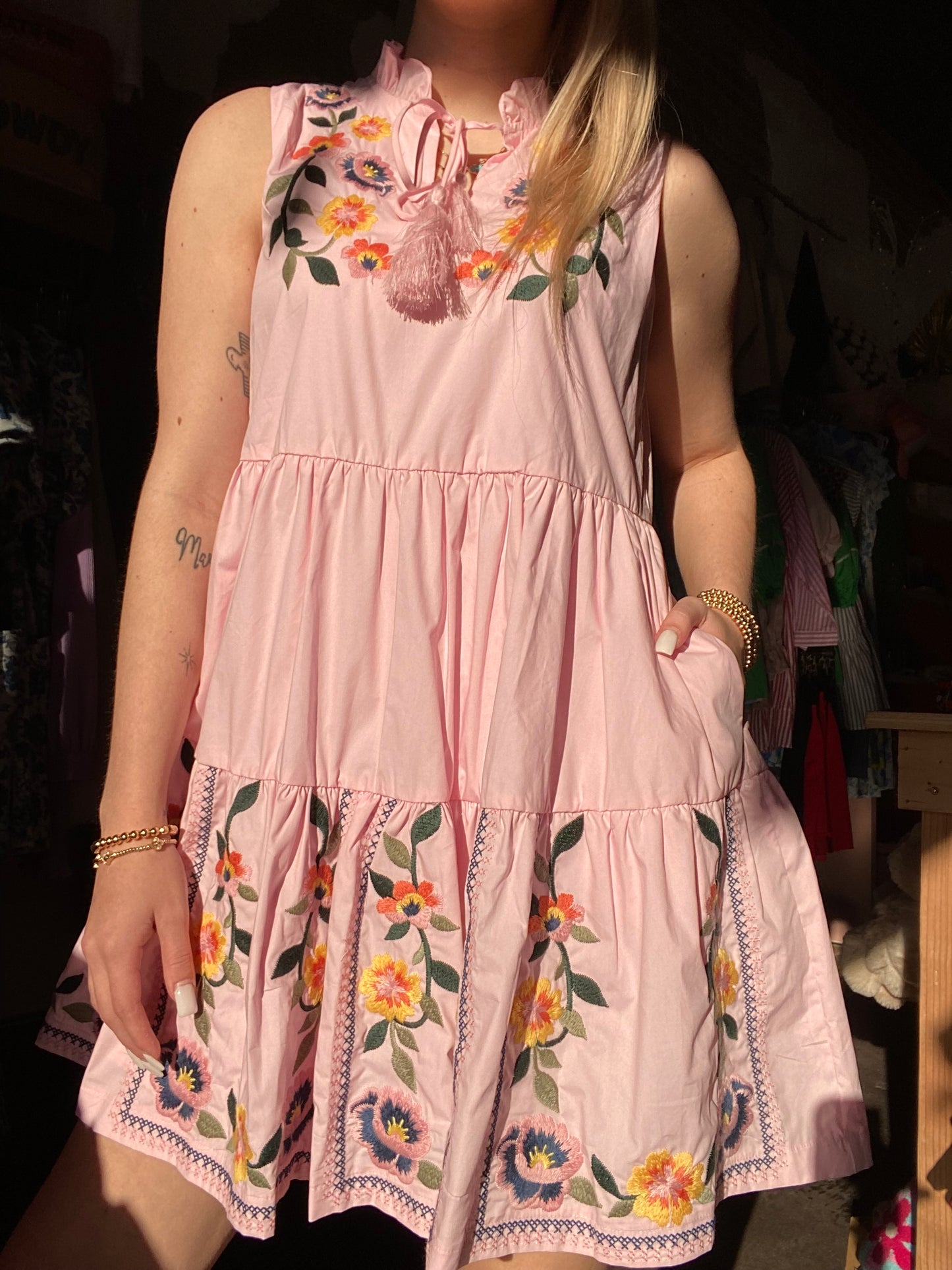 Cloud Pink Embroidered Floral Mini Dress