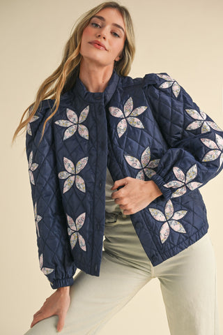 QUILTED JACKET WITH FLORAL PATCHWORK NAVY