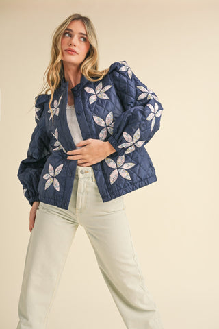 QUILTED JACKET WITH FLORAL PATCHWORK NAVY