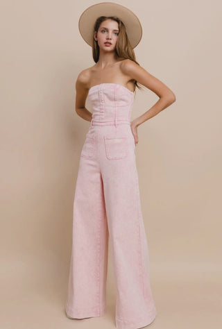 Boho Mineral Wash Wide Leg Denim Jumpsuit