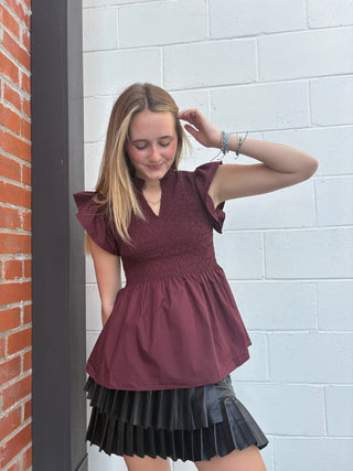 Chic Flutter Sleeve Peplum Top with Smocked Bodice