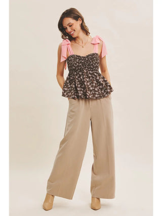 Romantic Floral Smocked Top W/ Bow Tie Straps Brown/Pink Medium