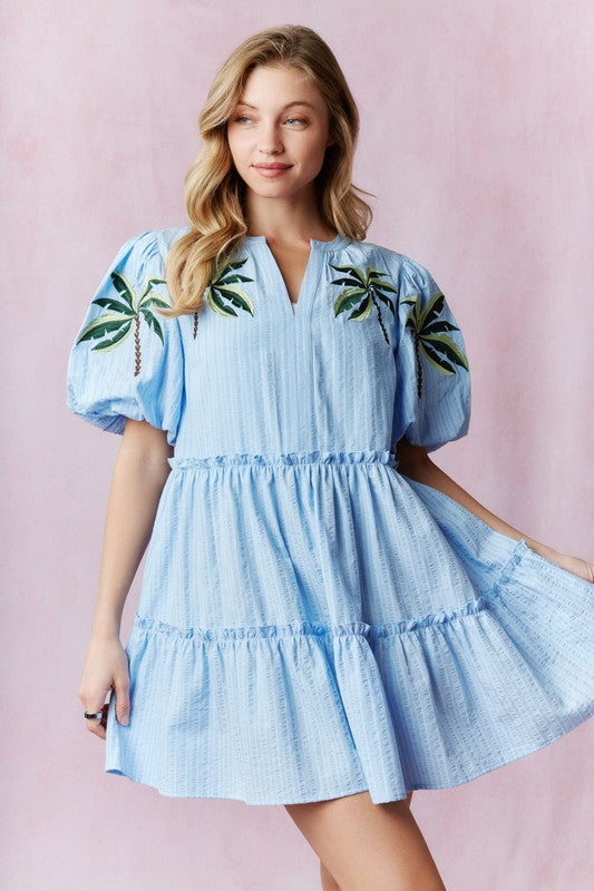 Floral Printed Bubble Sleeve Striped Mini Dress
