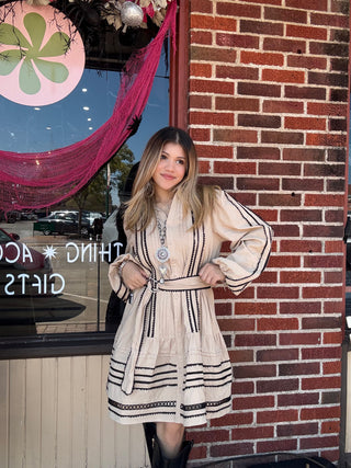 Chic Cotton Belted Mini Dress with Lace Trim