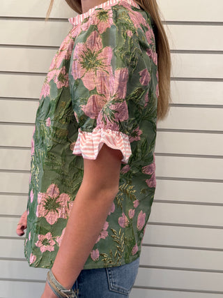 Striped Ruffle Detailed Floral Jacquard Top