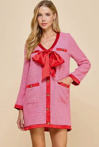 Tweed pink dress with big Satin bow and long sleeves! Brunch dress, christmas and holiday fashion