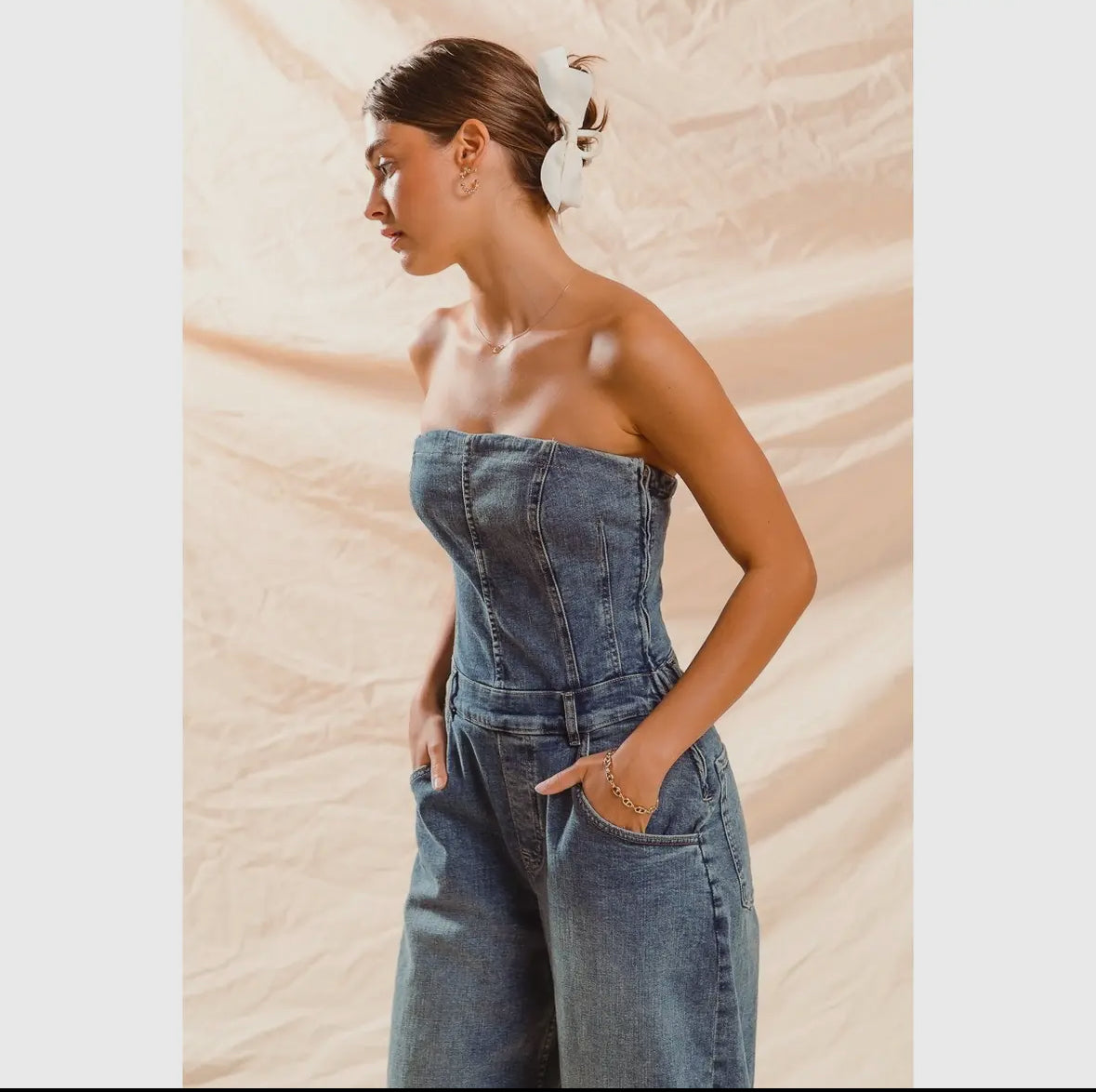 Strapless barrel denim jumpsuit