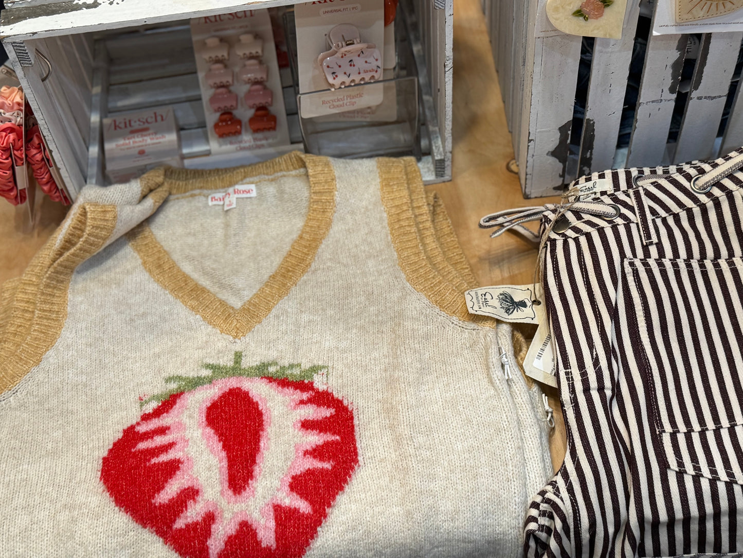 Strawberry V-Neck Sweater Vest - Oatmeal