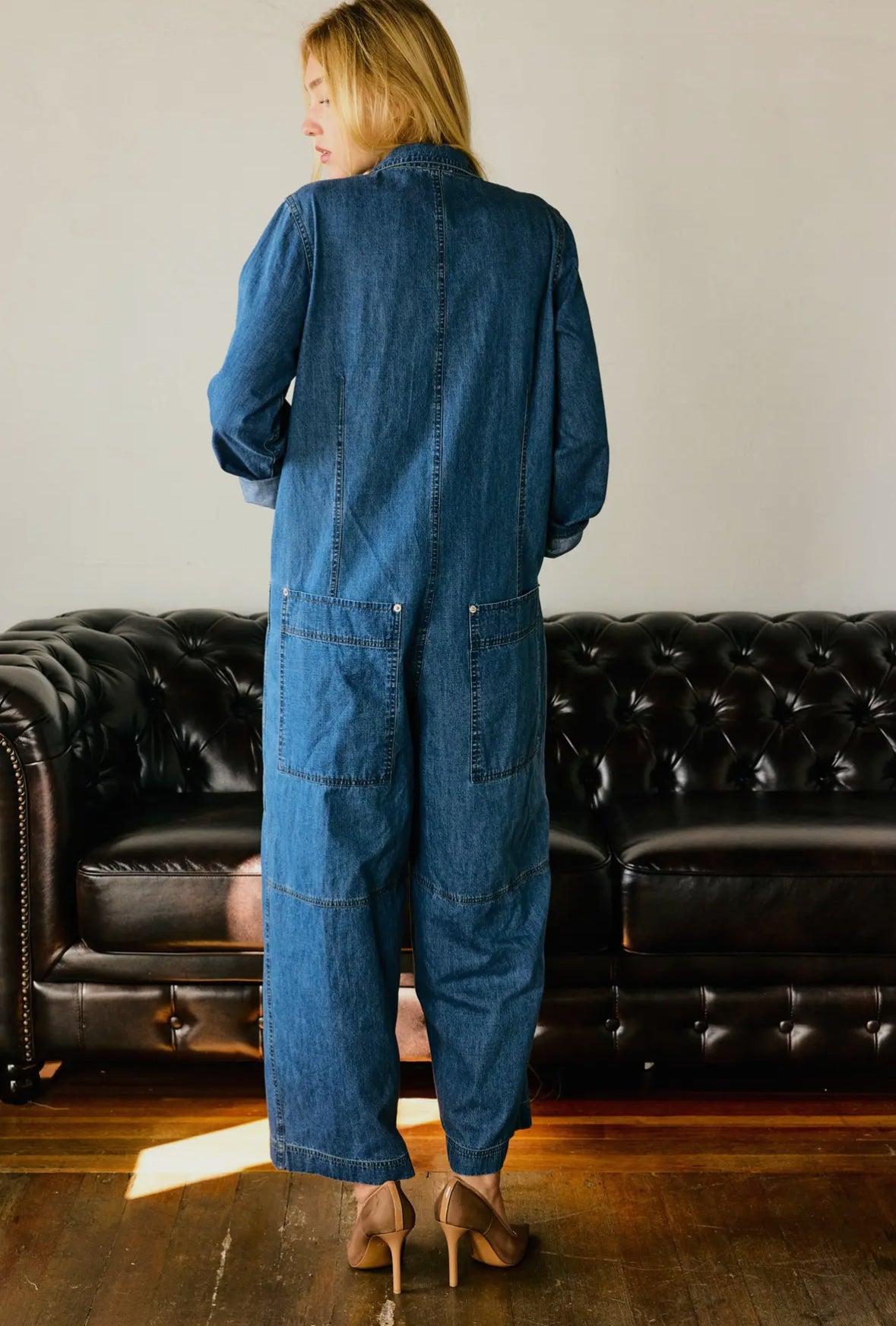 Collared Neck Button Fly Relaxed
Denim Jumpsuit