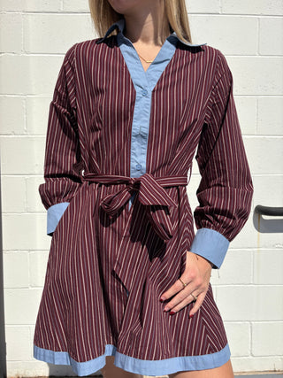 Burgandy multi striped button down shirt dress with belt and pockets mini dress