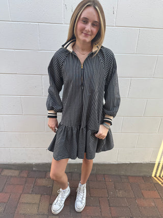 Black pinstripes mini dress with zipper collar long sleeves!
