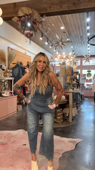 Strapless barrel denim jumpsuit