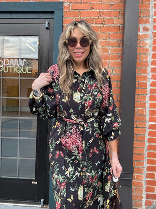 Waist Tie Midi Shirt Dress with Voluminous Sleeves - Botanical Print