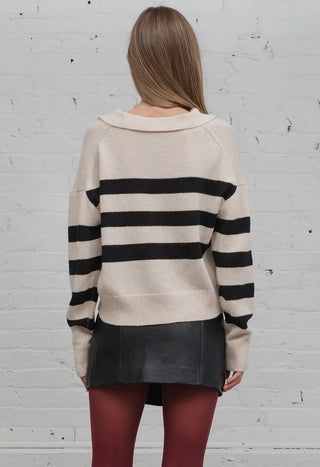 Open Collar Stripe Knit Top