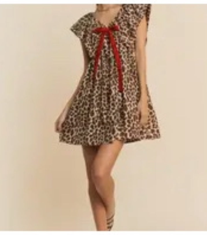Animal Print Velvet Ribbon Mini Dress