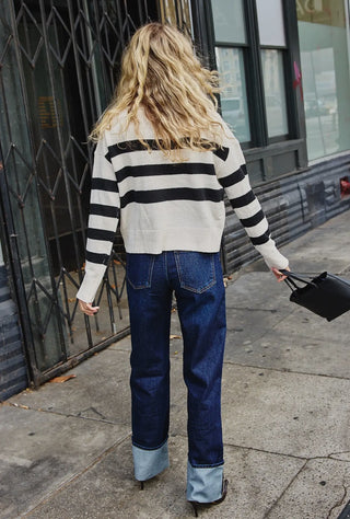 Open Collar Stripe Knit Top