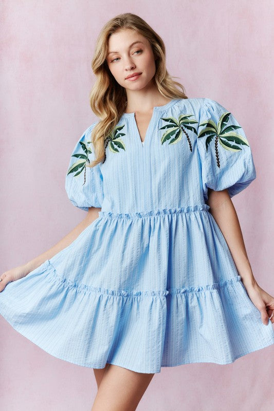 Floral Printed Bubble Sleeve Striped Mini Dress