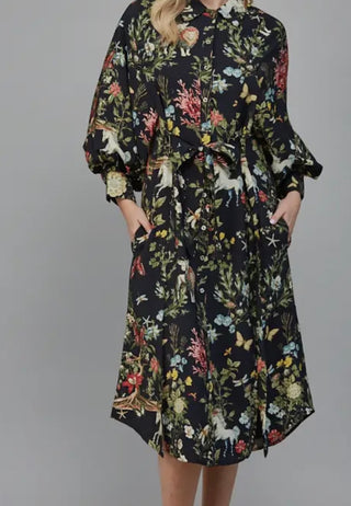 Waist Tie Midi Shirt Dress with Voluminous Sleeves - Botanical Print Black