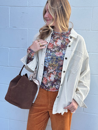 Oversized cream, off-white, corded Shacket with pockets