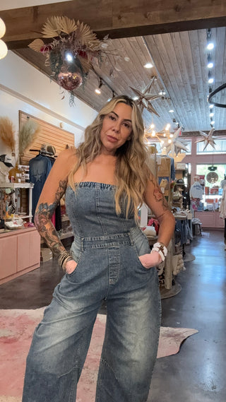 Strapless barrel denim jumpsuit