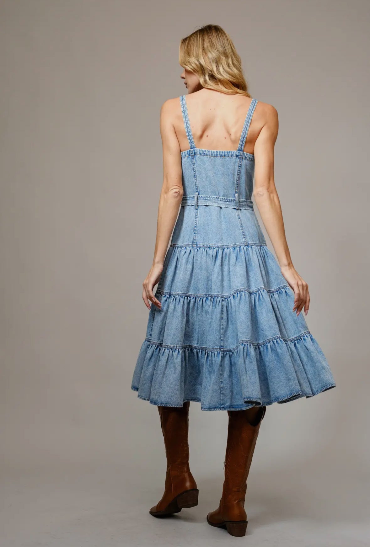 Garment Washed Tiered
Zip Midi Dress