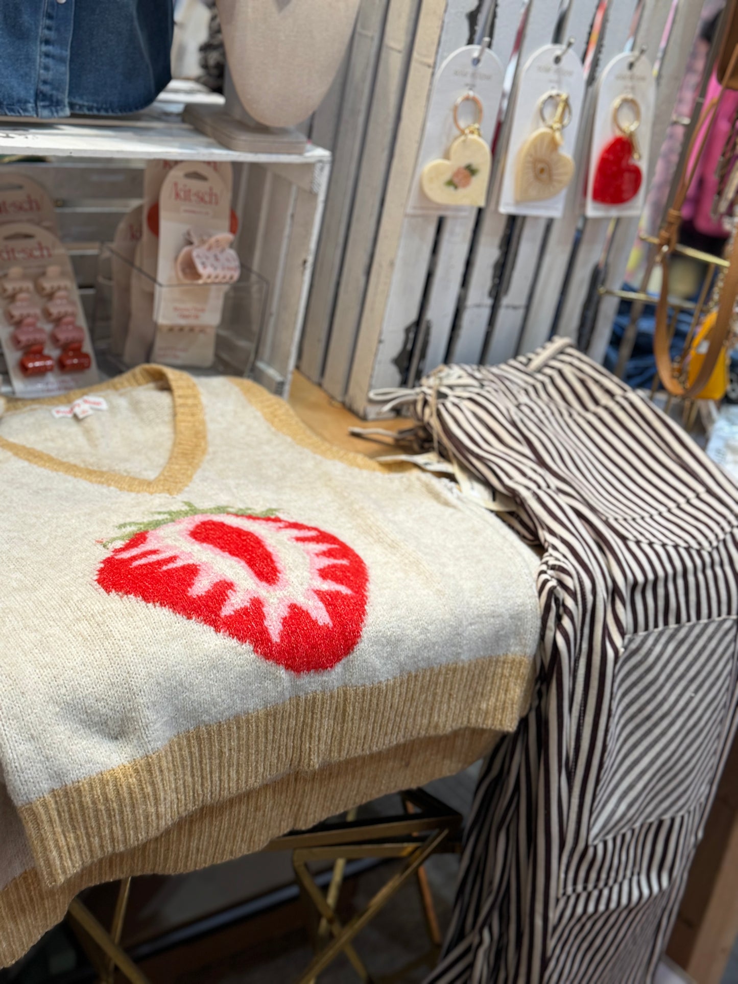 Strawberry V-Neck Sweater Vest - Oatmeal