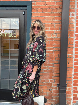 Waist Tie Midi Shirt Dress with Voluminous Sleeves - Botanical Print
