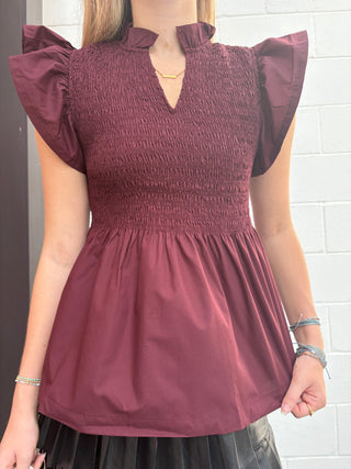Chic Flutter Sleeve Peplum Top with Smocked Bodice