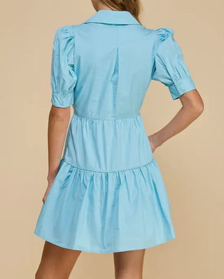 Poplin Collared V Neckline Bow Dress Baby Blue