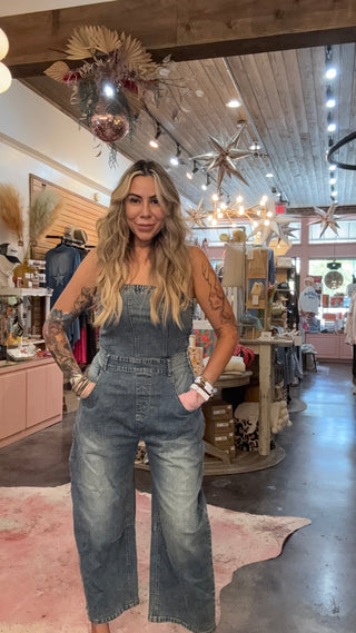 Strapless barrel denim jumpsuit