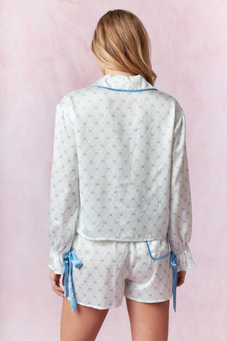 Satin Bow Prints With Contrast Piping &
Strap Cropped Shirt & Shorts Pajama Set