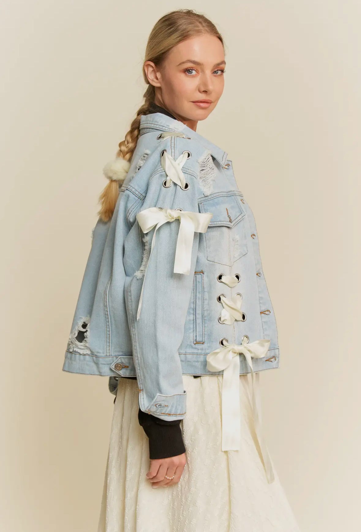 Satin Lace Up Ribbon Chest Pocke
Denim Jacket