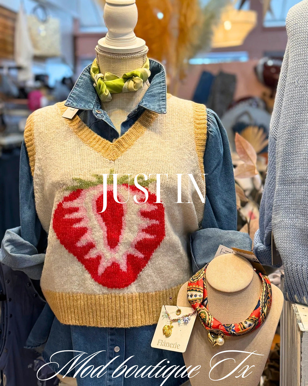 Strawberry V-Neck Sweater Vest - Oatmeal