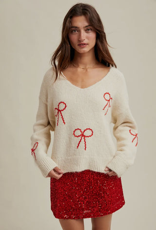 Embellished 'Bow' Drop Shoulder Sweater