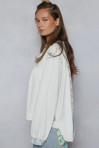 Mock Neck Balloon Sleeve Crochet
Contrast Knit Top