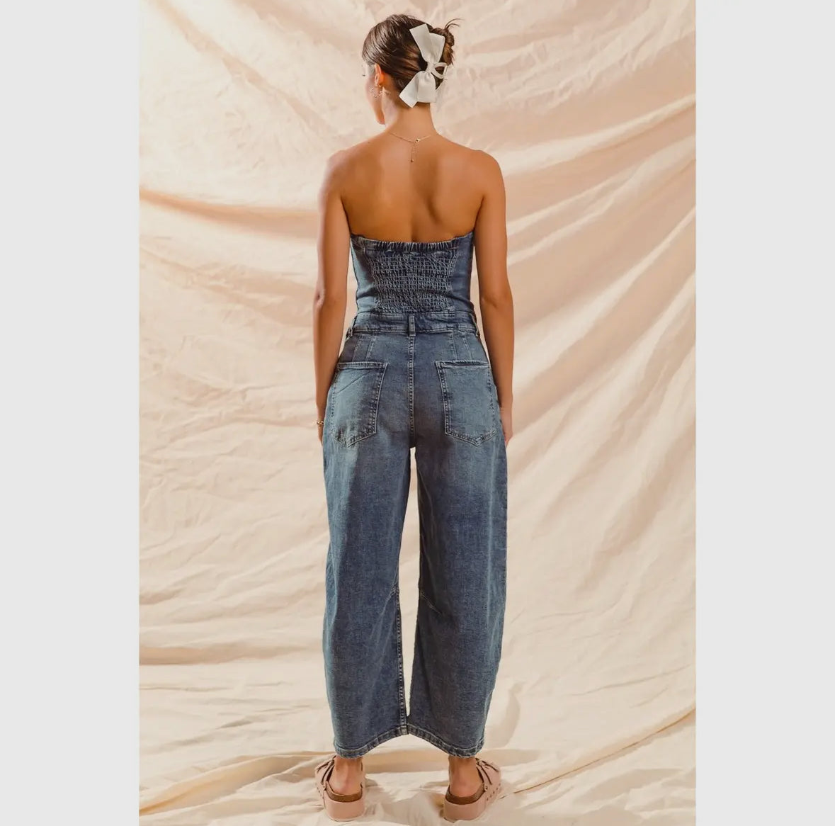 Strapless barrel denim jumpsuit