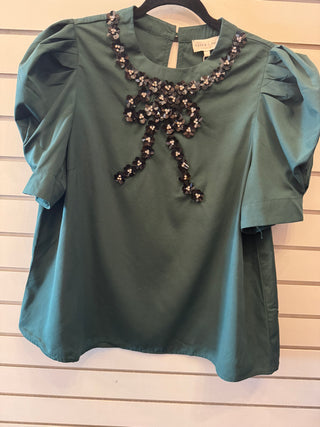 Embellished Bow Puff Sleeve Top