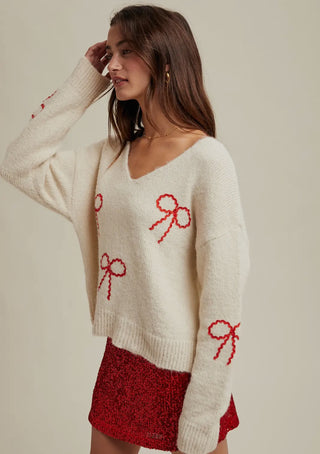 Embellished 'Bow' Drop Shoulder Sweater