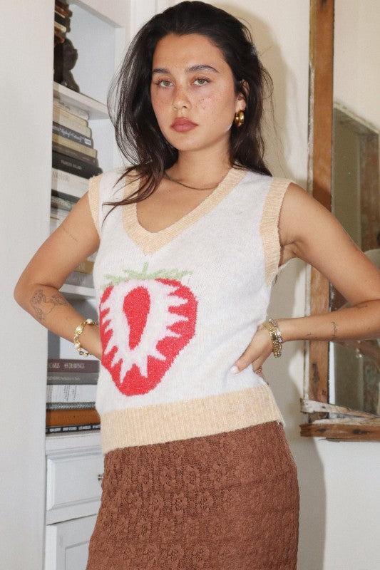 Strawberry V-Neck Sweater Vest - Oatmeal