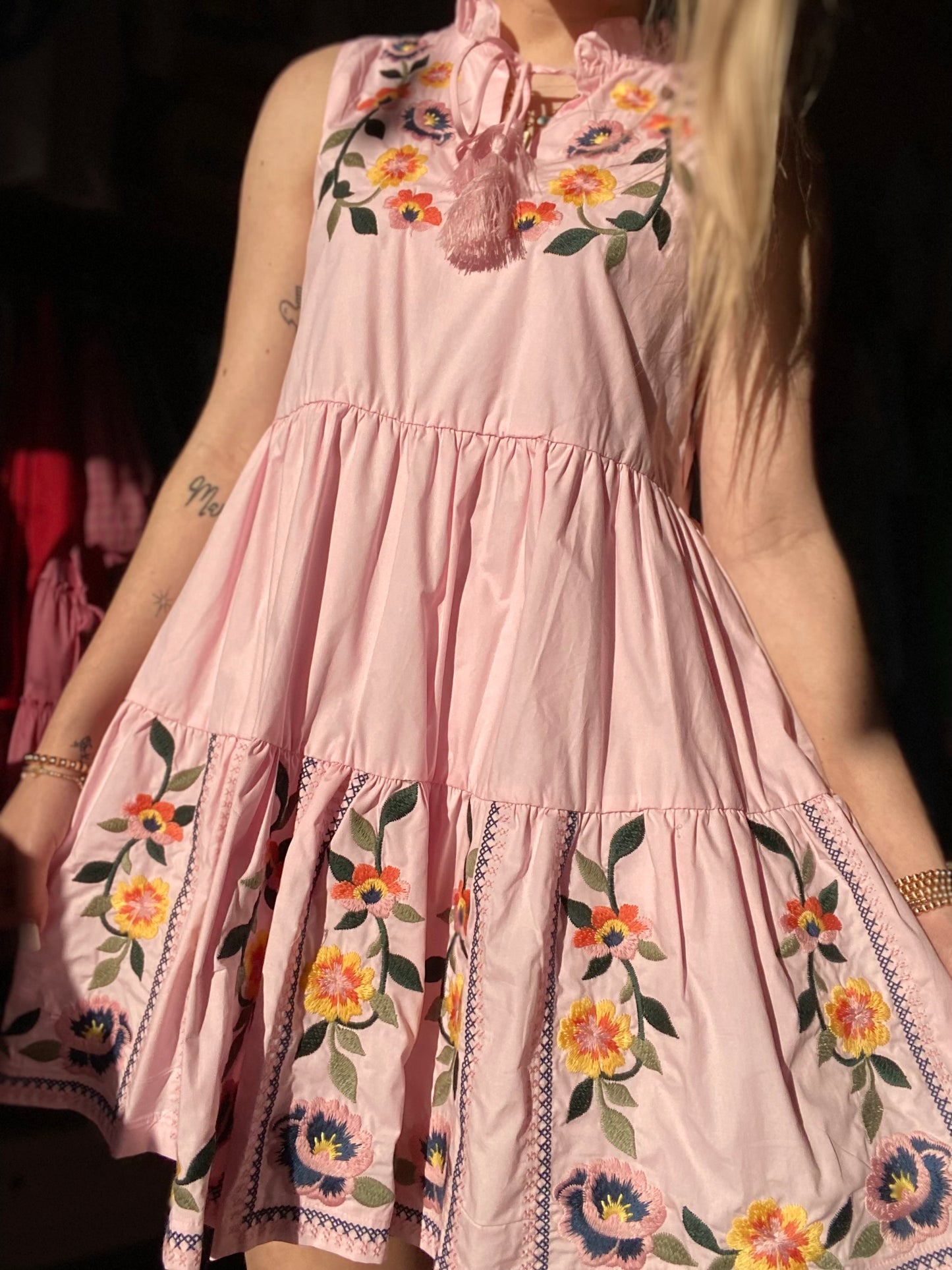 Cloud Pink Embroidered Floral Mini Dress