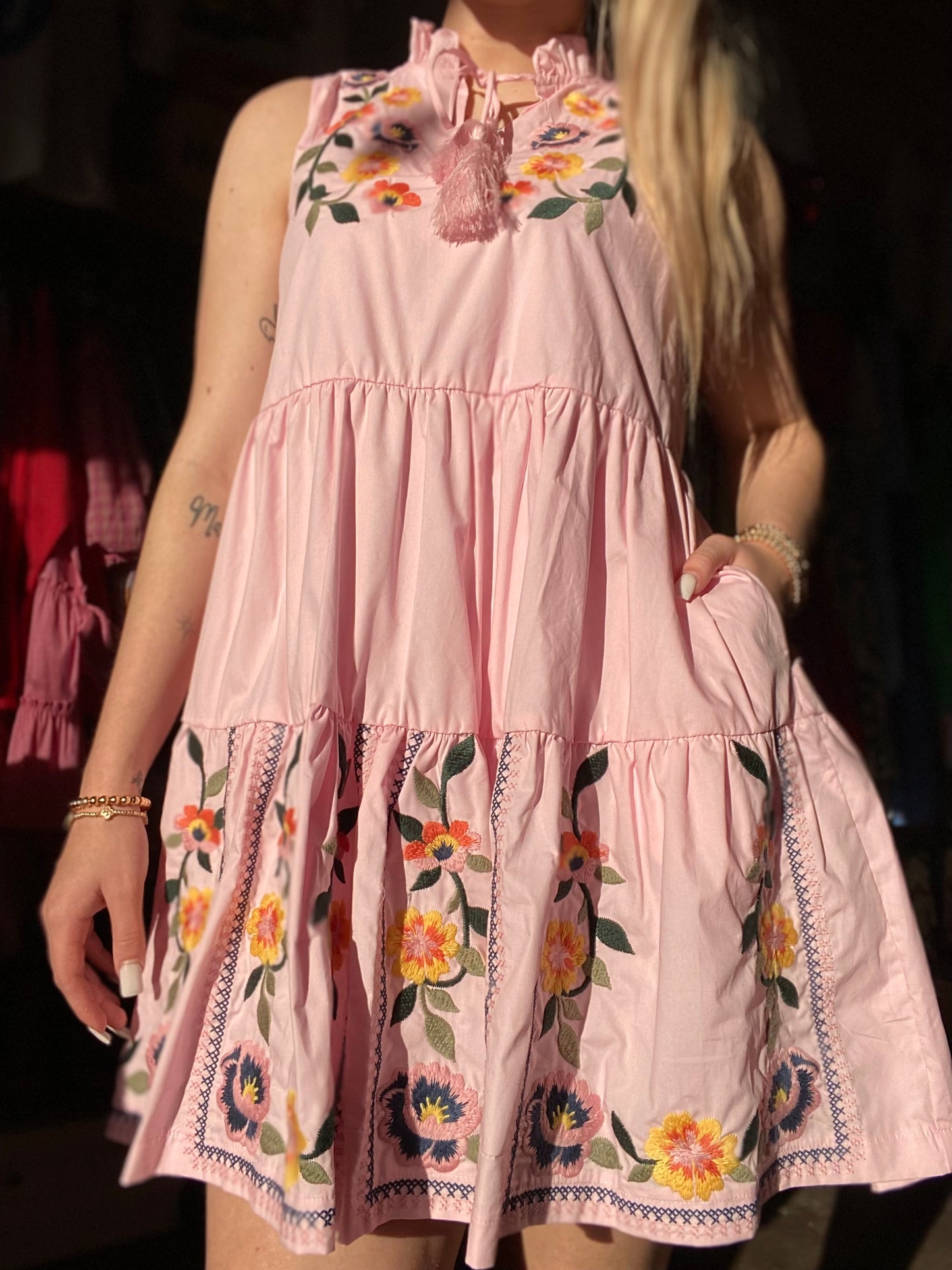 Cloud Pink Embroidered Floral Mini Dress