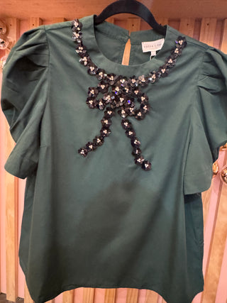 Embellished Bow Puff Sleeve Top