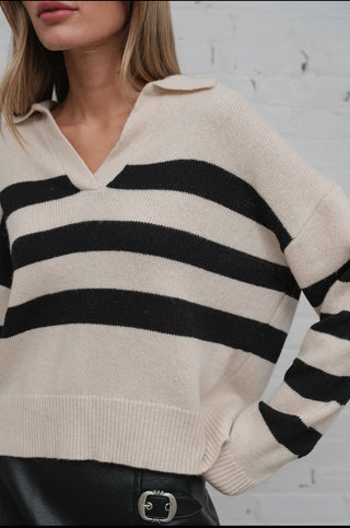 Open Collar Stripe Knit Top