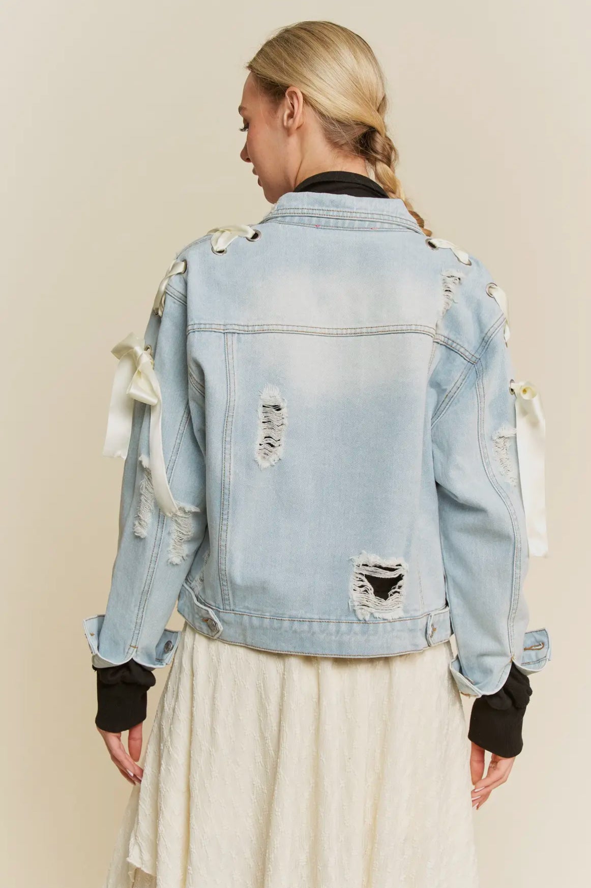 Satin Lace Up Ribbon Chest Pocke
Denim Jacket