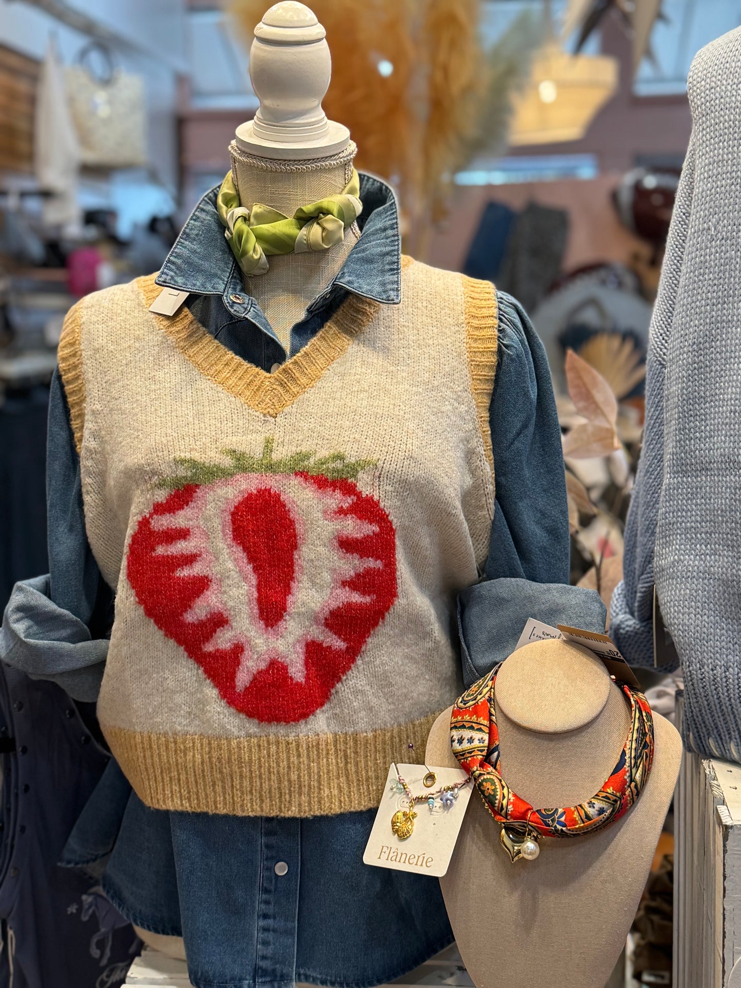 Strawberry V-Neck Sweater Vest - Oatmeal