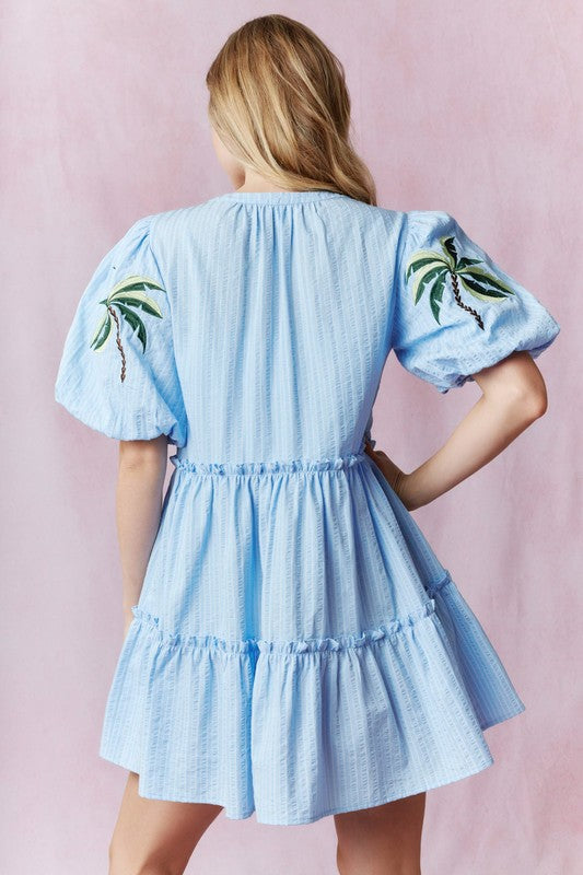 Floral Printed Bubble Sleeve Striped Mini Dress