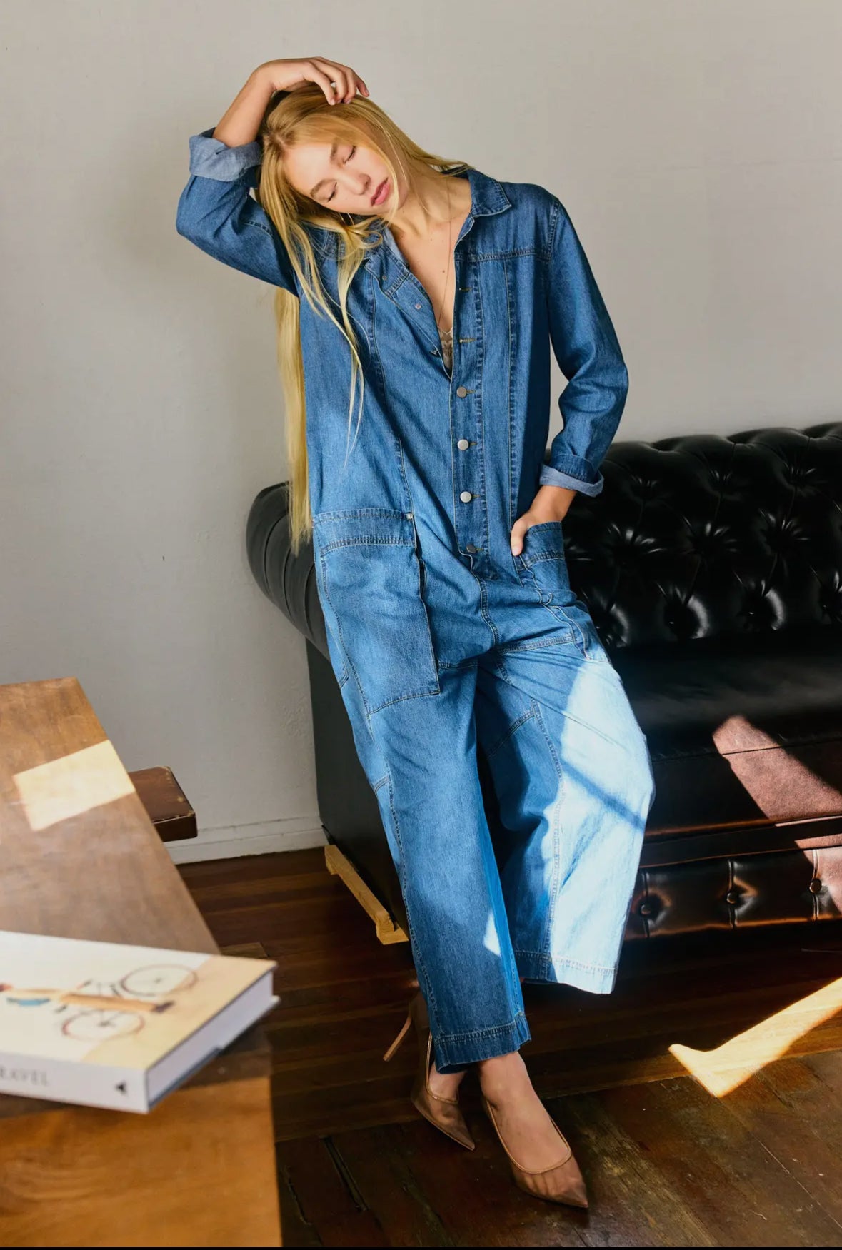 Collared Neck Button Fly Relaxed
Denim Jumpsuit